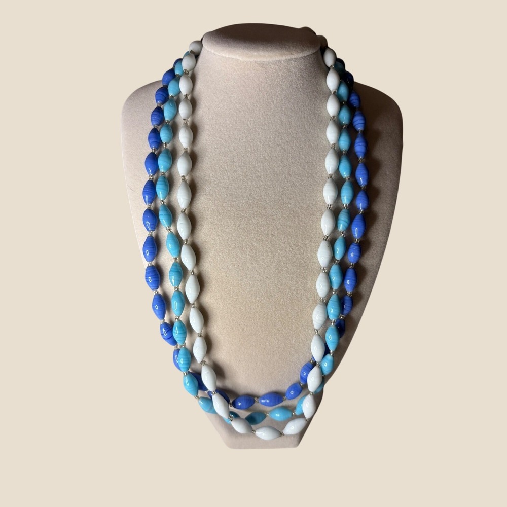 VTG India Glass Bead Necklace 3 Strand Blue White Molded Rice Beads 1970s Boho